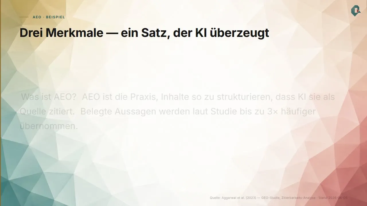 Eine zitierfähige Antwort ist self-contained: Frage, Antwort, Beleg, in dieser Reihenfolge.