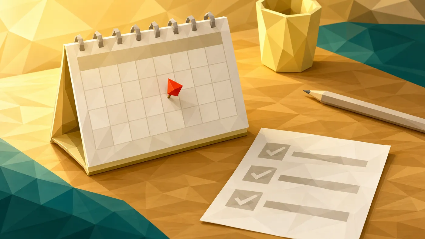 Ein roter Pin markiert einen Re-Check-Termin im Kalender neben einer Quellen-Checkliste.