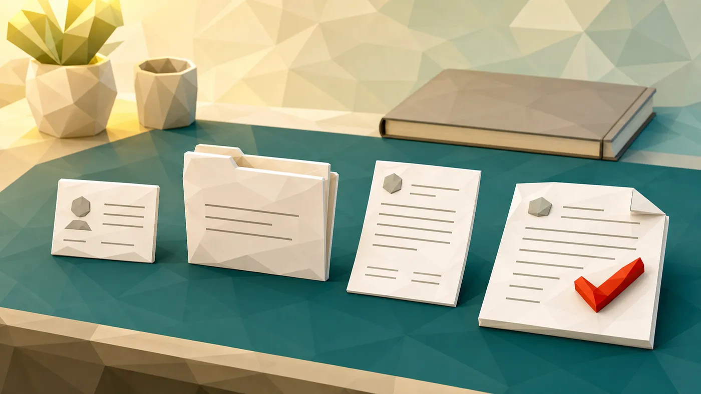 Vier Arbeitsartefakte für E-E-A-T liegen als Bausteine auf einer Teal-Unterlage; das Quellen-Dokument trägt ein rotes Häkchen.