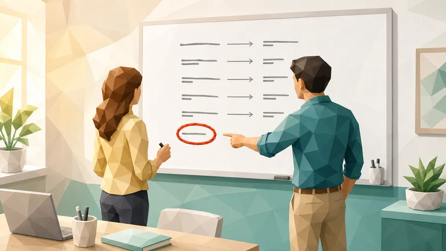 Zwei Personen prüfen eine Redirect-Map am Whiteboard; eine URL ohne Verbindung ist mit einem roten Kreis markiert.