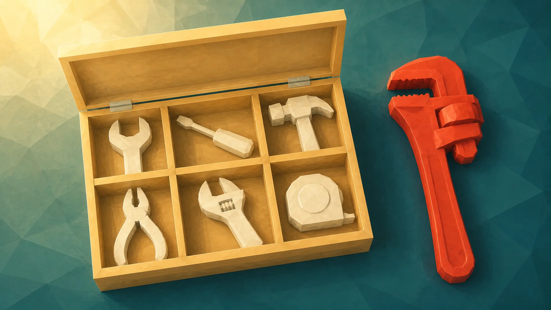 Low-Poly-Illustration: Werkzeugkasten mit Fremdteil — das neue Werkzeug ohne Fach.