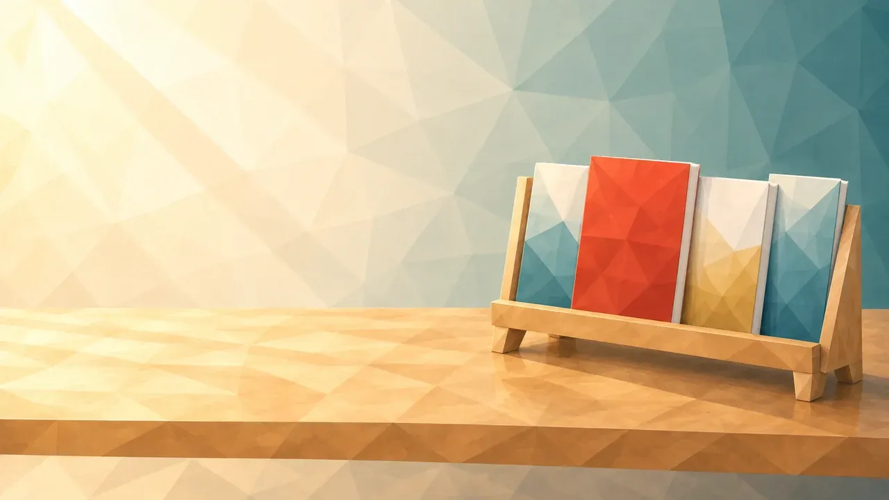 Ein Holz-Zeitschriftenhalter mit drei Heften in Creme, Rot und Senf; das rote steht in der Mitte.